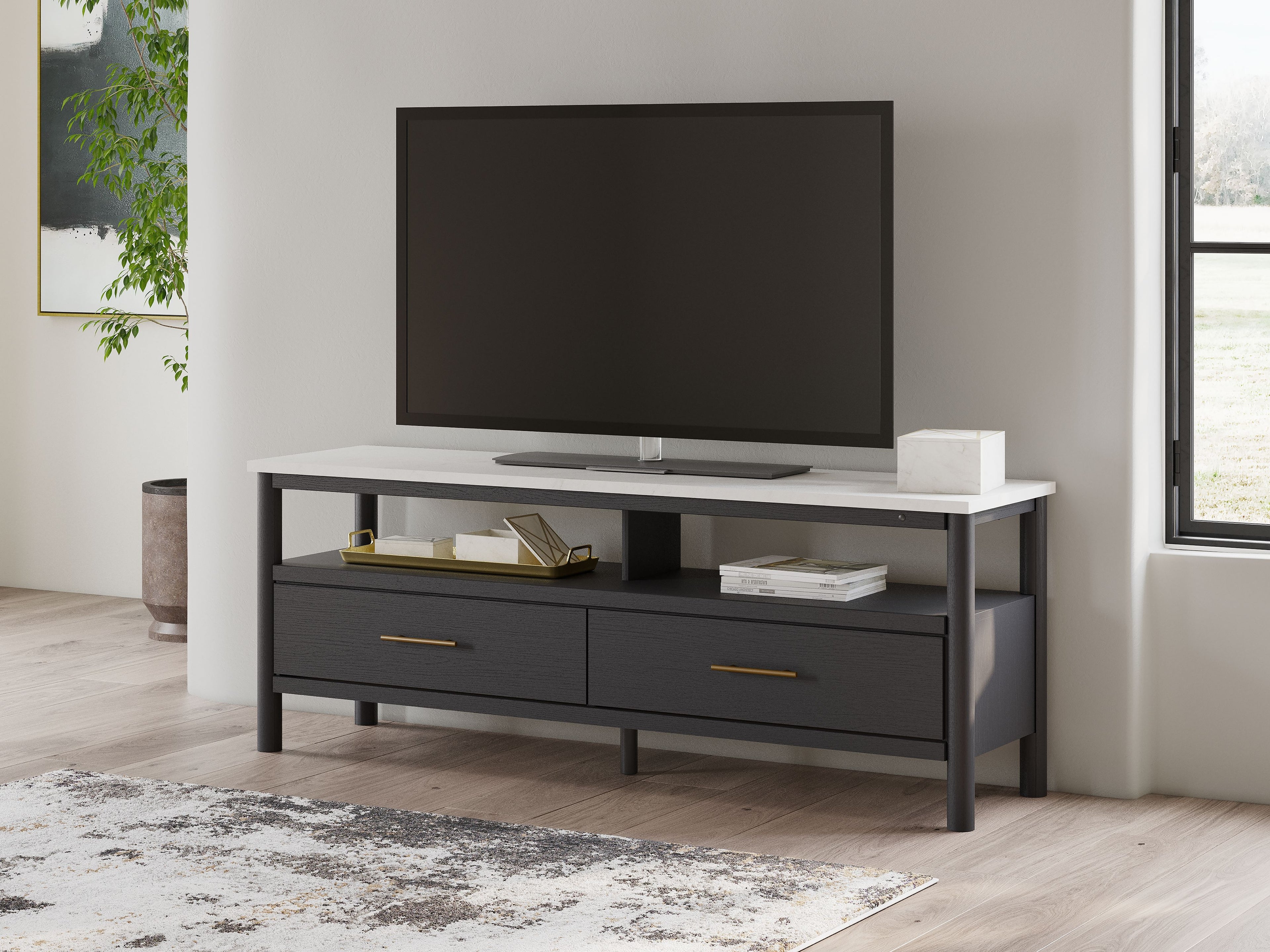 Dark gray TV stand with two drawers and open shelf for TV components
