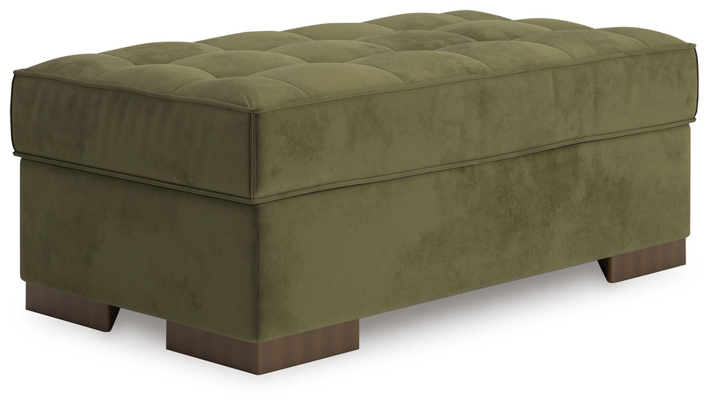 Olive upholstered accent ottoman with tufted top and dark wooden feet