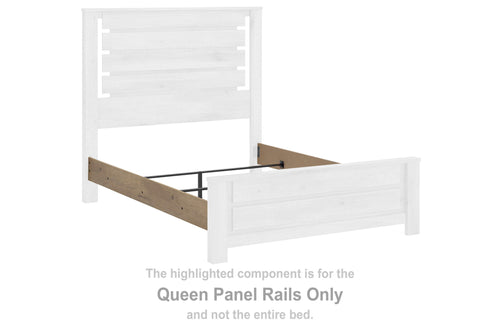 Queen panel bed rails, tan wooden side panels with horizontal slats