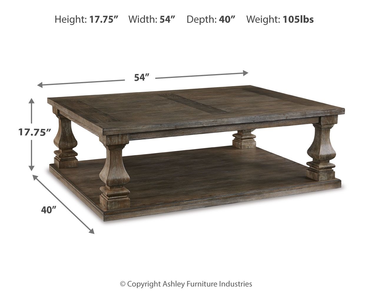 Gray rectangular cocktail table dimensions, 54in wide and 40in deep