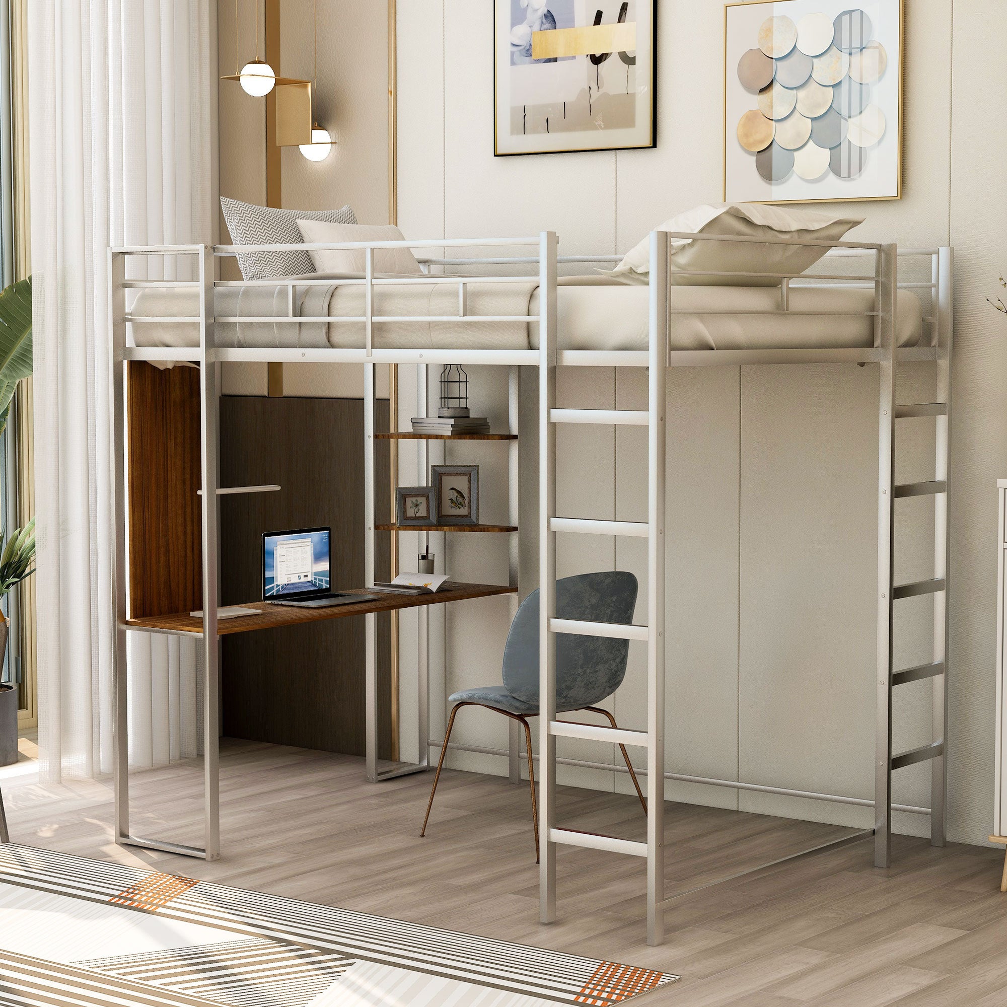 Full Size Silver Metal Loft Bed with Desk & 2 Shelves