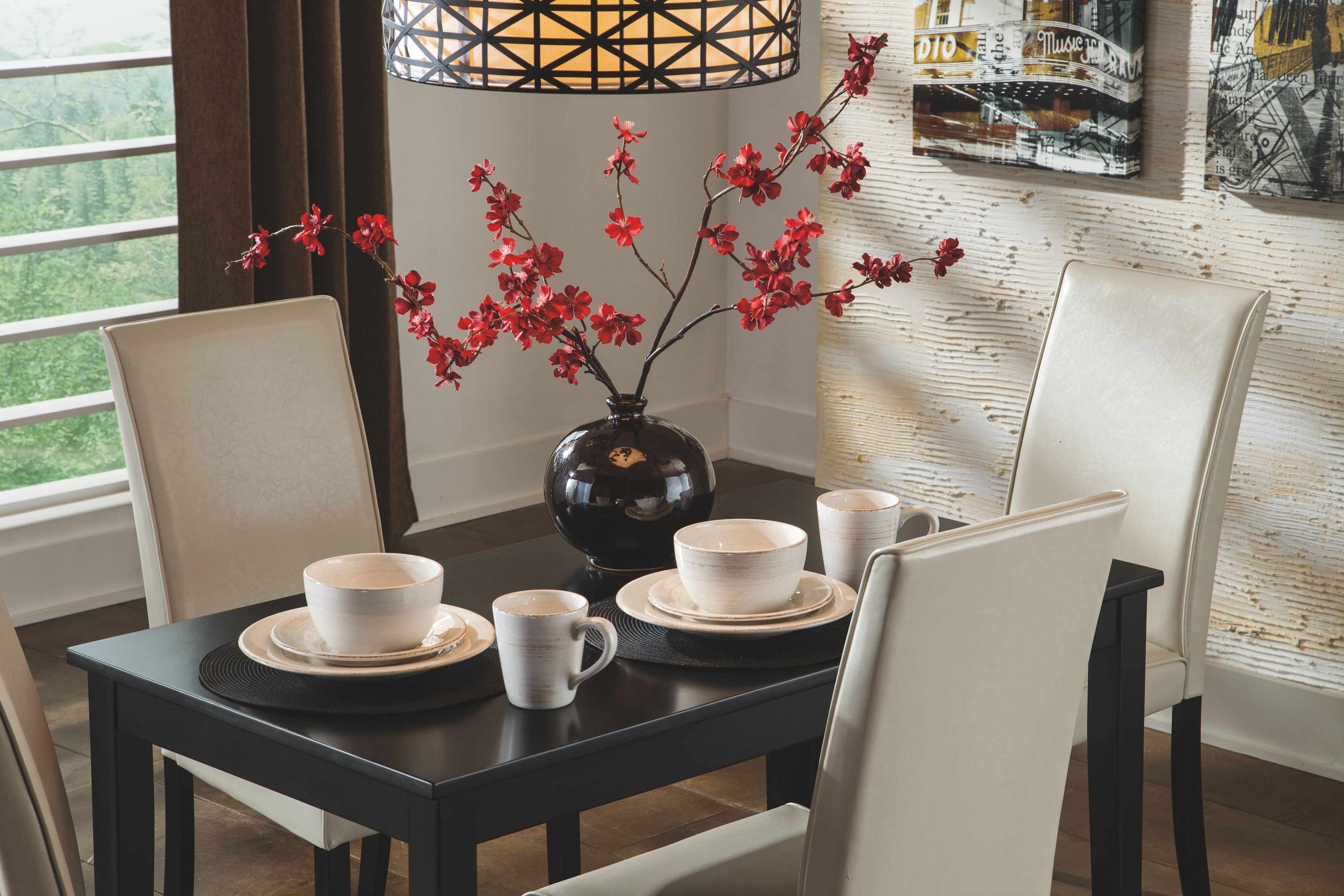 Dining table set with dark wood table and ivory upholstered chairs