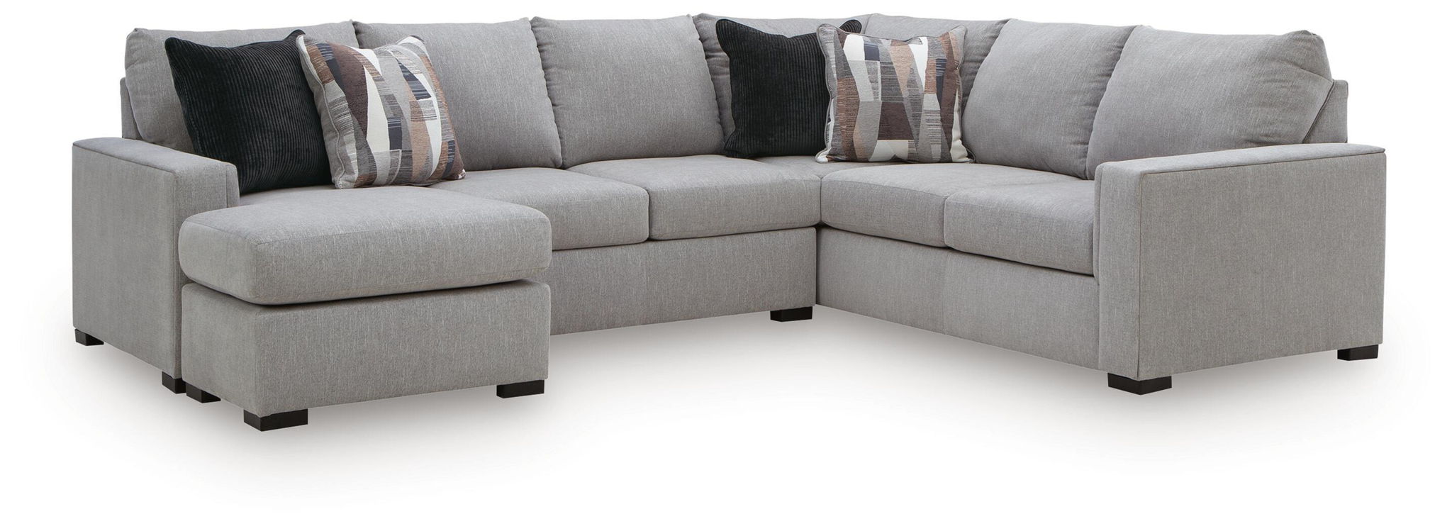 Light gray sectional sofa with left-arm facing chaise and cushioned seat