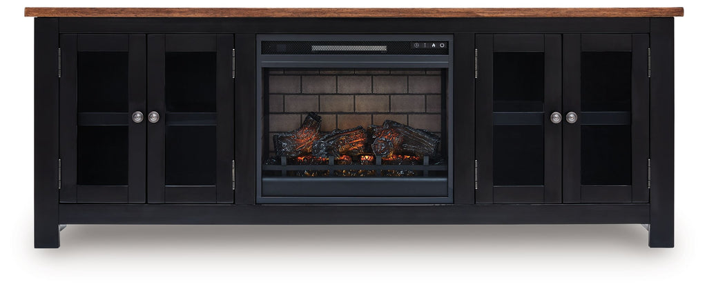 Black TV stand with electric fireplace, faux brick insert and glass doors