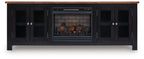 Black TV stand with electric fireplace, faux brick insert and glass doors