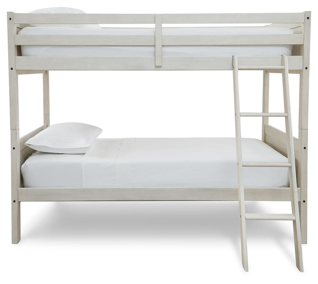 Antique white twin over twin bunk bed with ladder and two twin mattresses