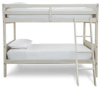 Antique white twin over twin bunk bed with ladder and two twin mattresses