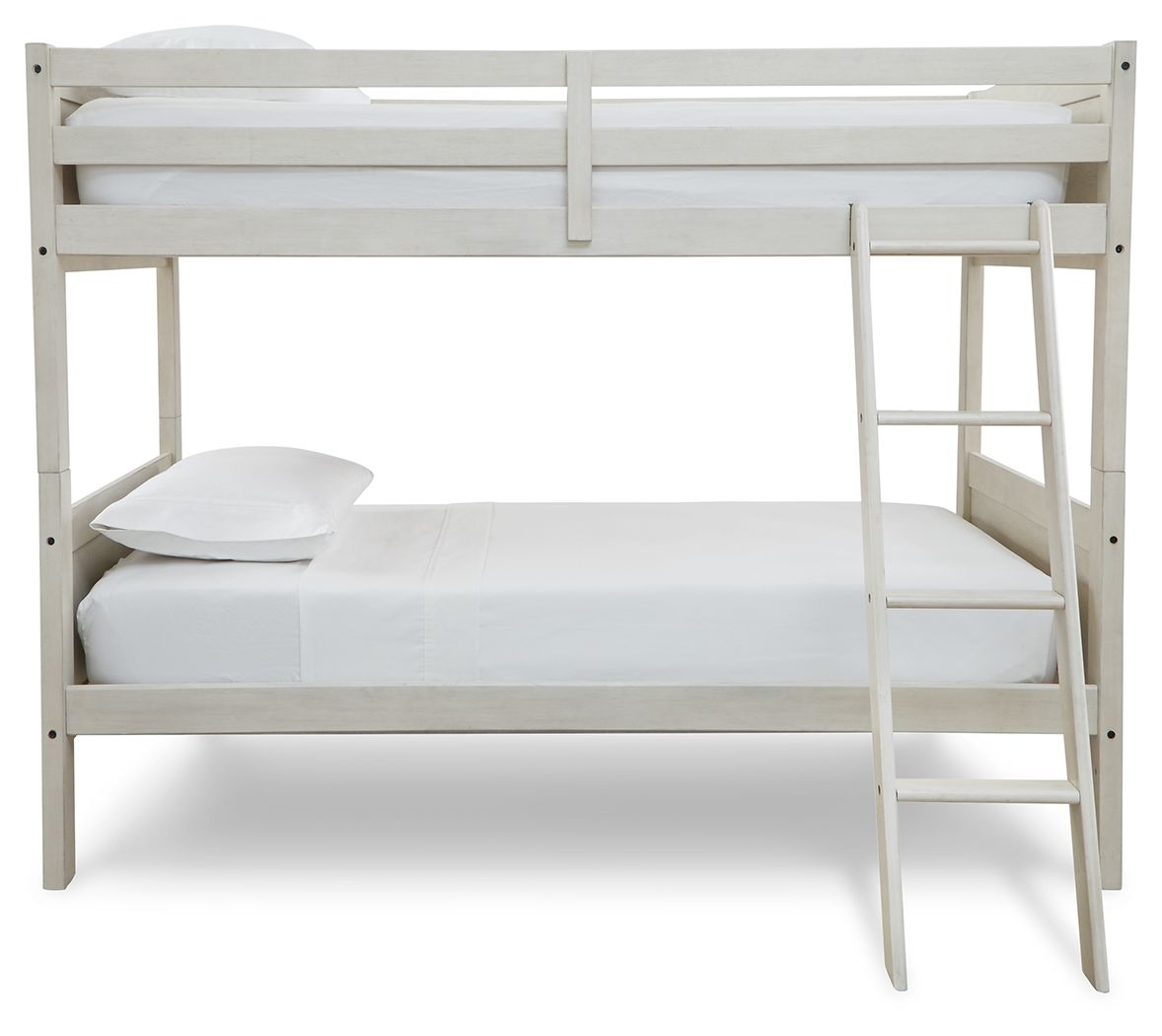 Antique white twin over twin bunk bed with ladder and two twin mattresses