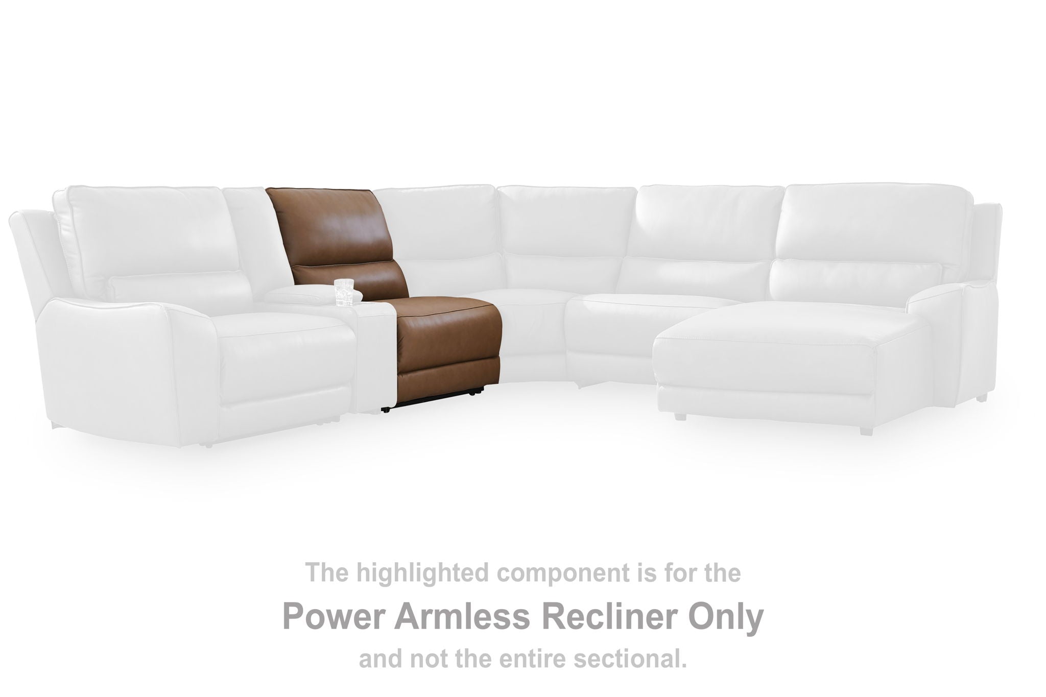 Caramel power armless recliner with adjustable headrest, shown as highlighted unit in sectional.