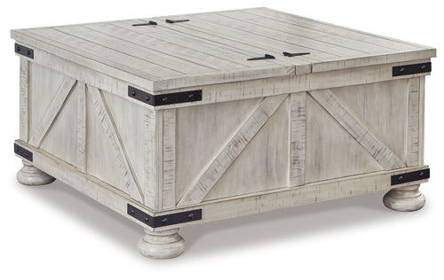 Whitewash lift-top cocktail table with storage, black hardware corners and pedestal legs