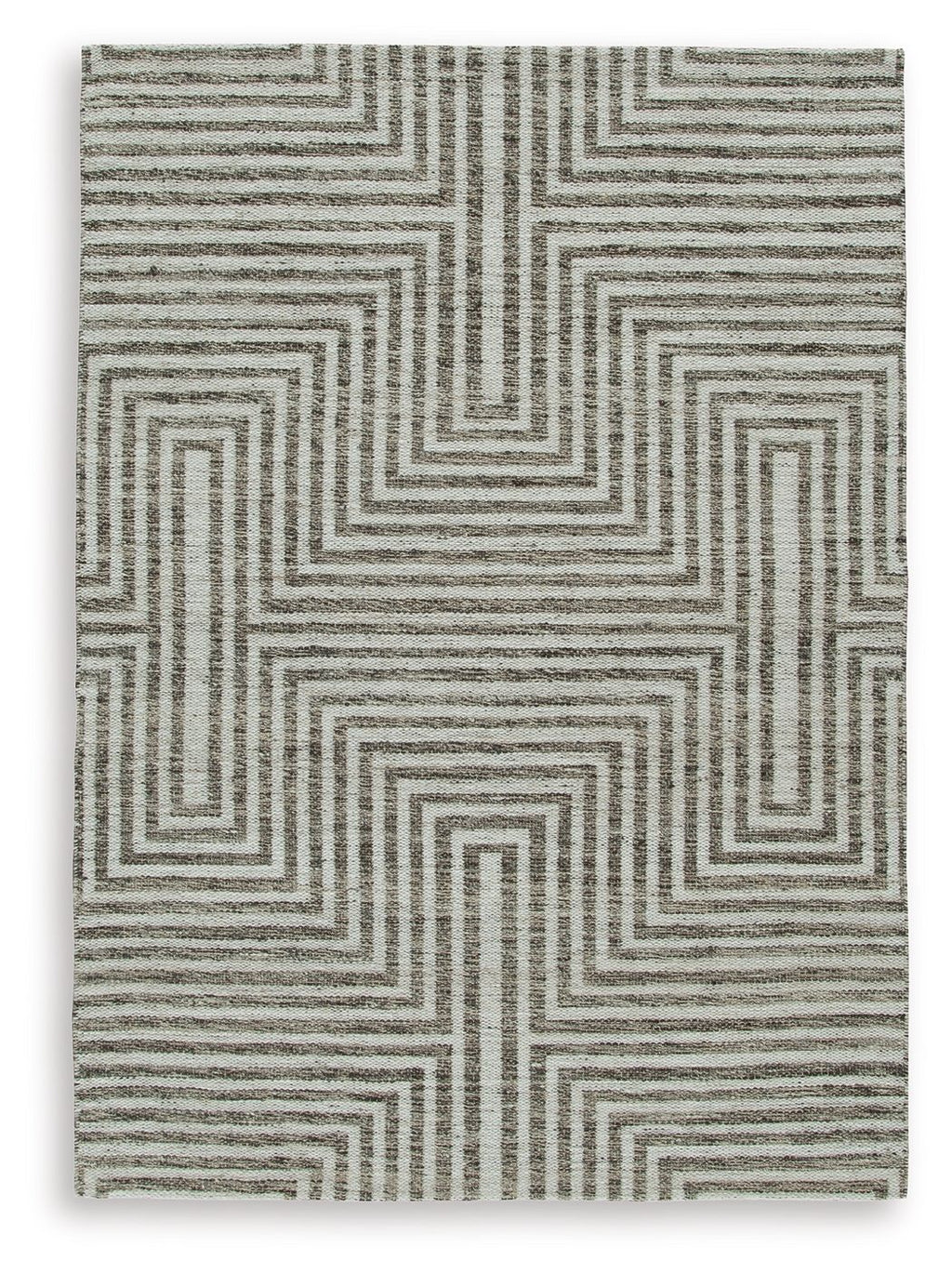 Gray area rug with interlocking chevron lines and textured woven surface