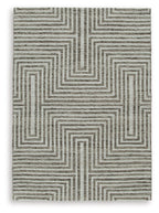 Gray area rug with interlocking chevron lines and textured woven surface
