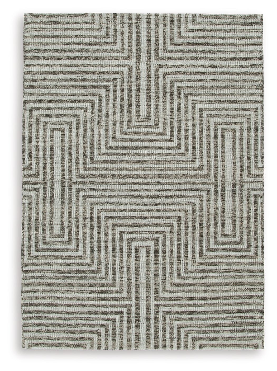 Gray area rug with interlocking chevron lines and textured woven surface