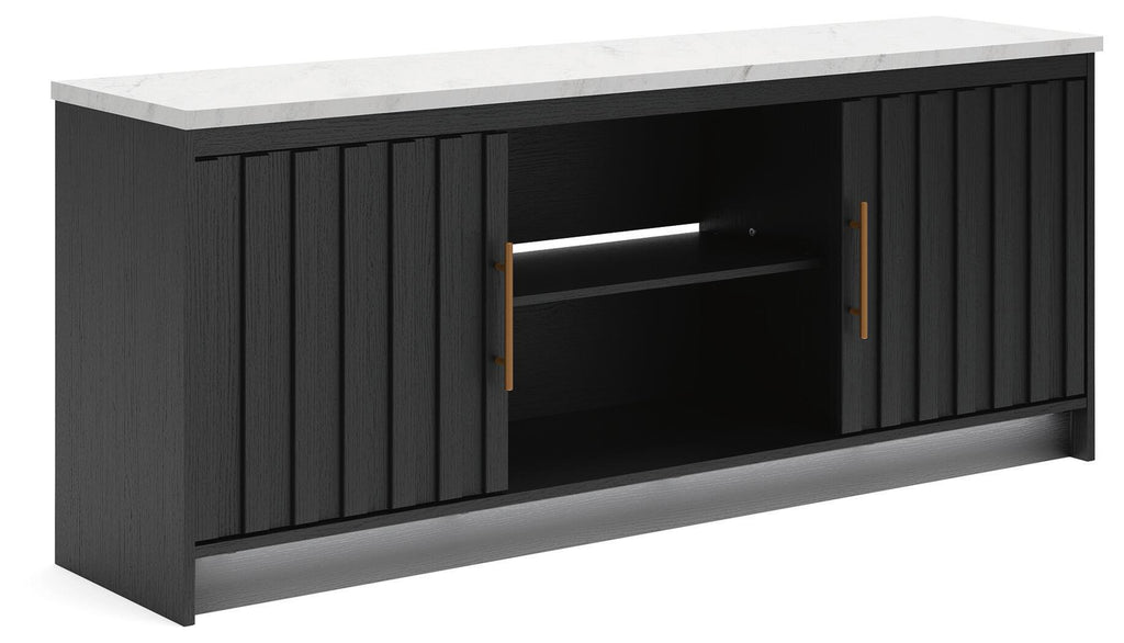 Black TV stand with fireplace option, two-door cabinet with open center compartment