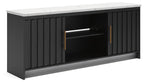 Black TV stand with fireplace option, two-door cabinet with open center compartment
