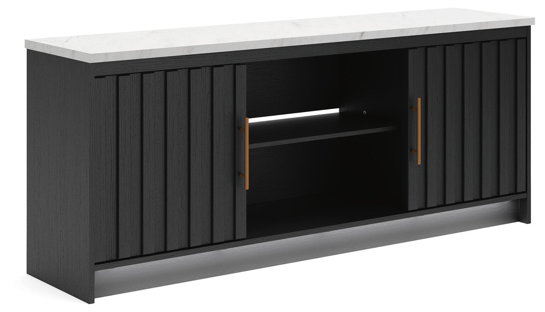 Black TV stand with fireplace option, two-door cabinet with open center compartment