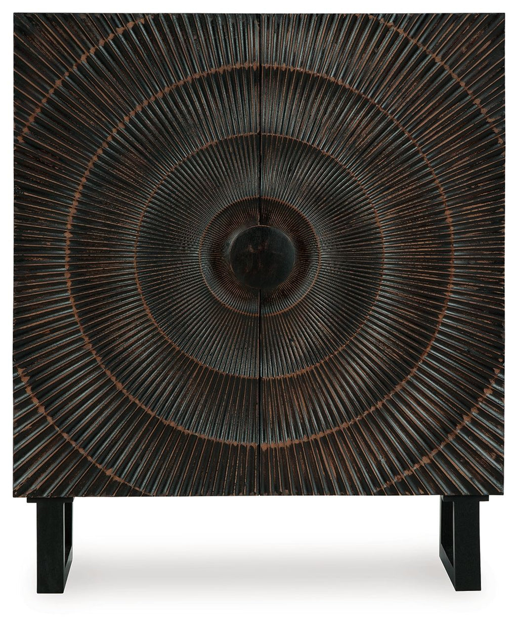 Distressed black accent cabinet with circular radiating spindle metal pattern