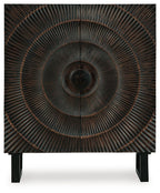 Distressed black accent cabinet with circular radiating spindle metal pattern