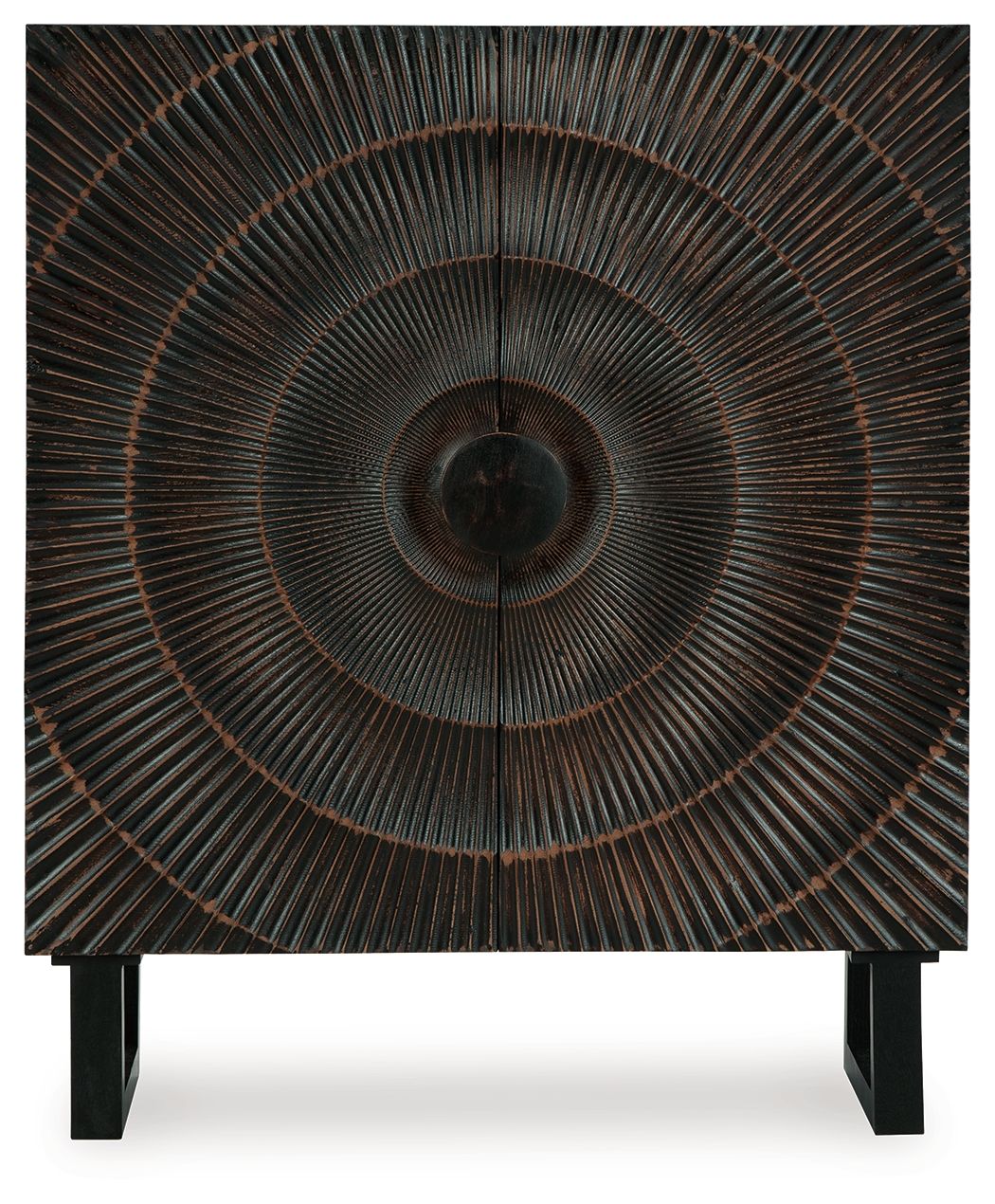 Distressed black accent cabinet with circular radiating spindle metal pattern