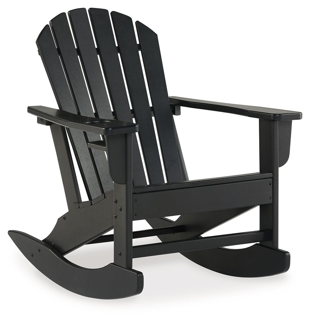 Black Adirondack rocking chair with slatted back, wide seat, and armrests.