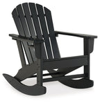 Black Adirondack rocking chair with slatted back, wide seat, and armrests.