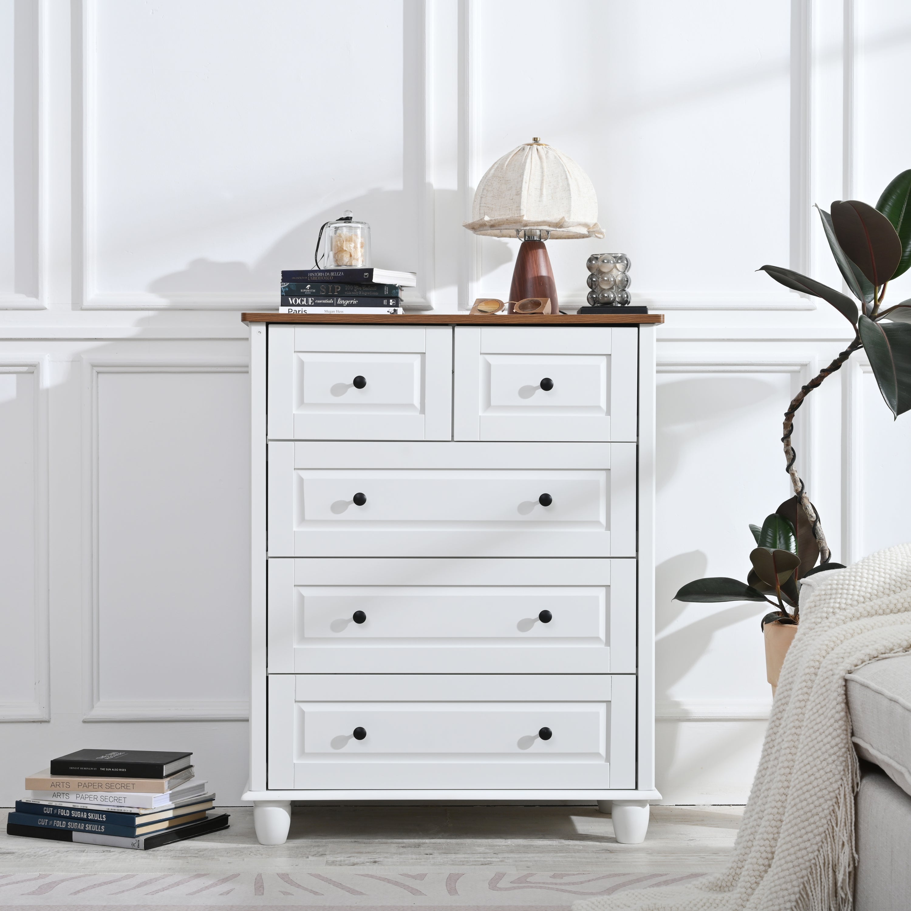 White 5-Drawer Dresser - Tall Chest Storage Cabinet