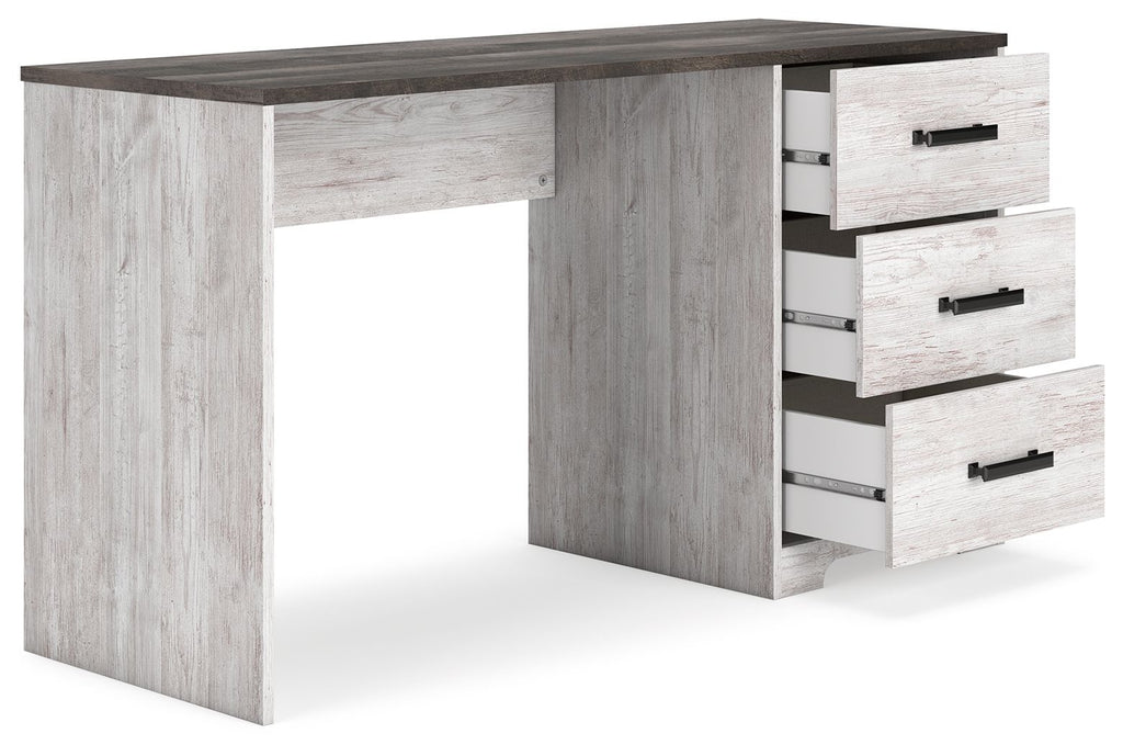 Home office desk with dark top, side drawers partially open, black pull handles