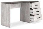 Home office desk with dark top, side drawers partially open, black pull handles