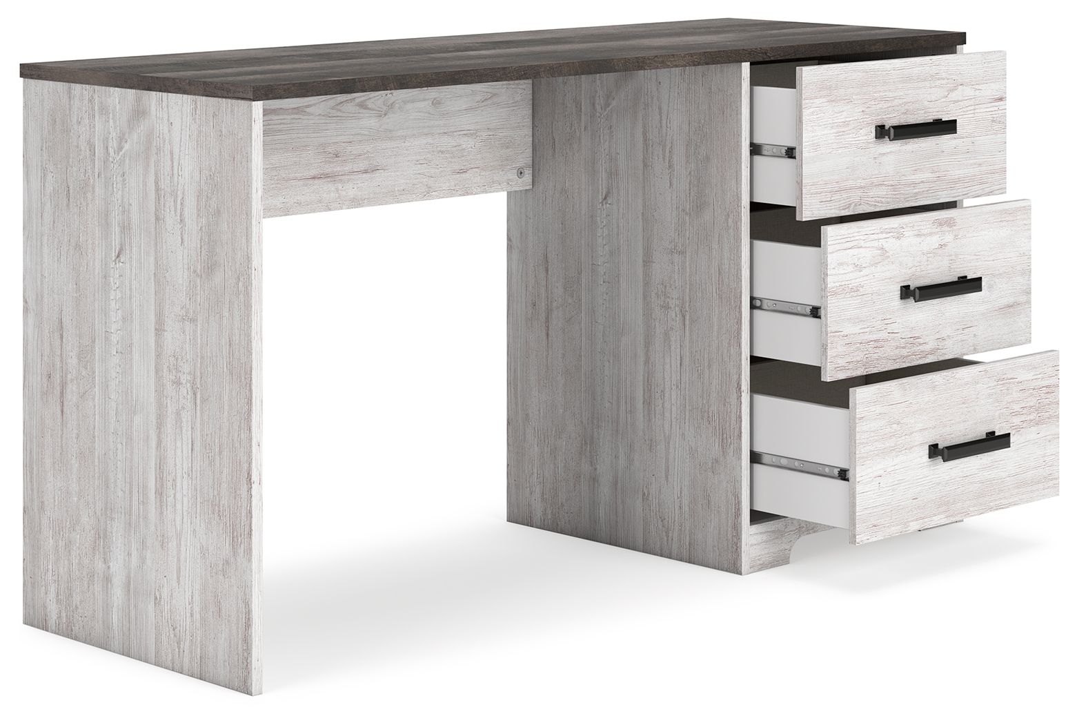 Home office desk with dark top, side drawers partially open, black pull handles