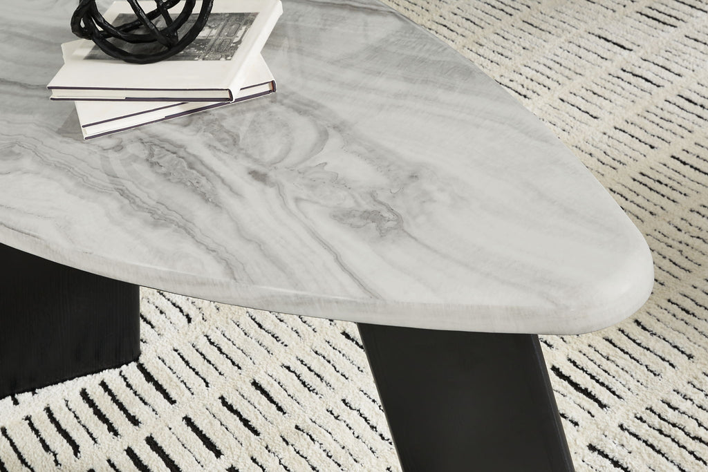 Marble-look gray tabletop with swirled veining and black angled support legs