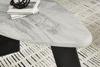 Marble-look gray tabletop with swirled veining and black angled support legs
