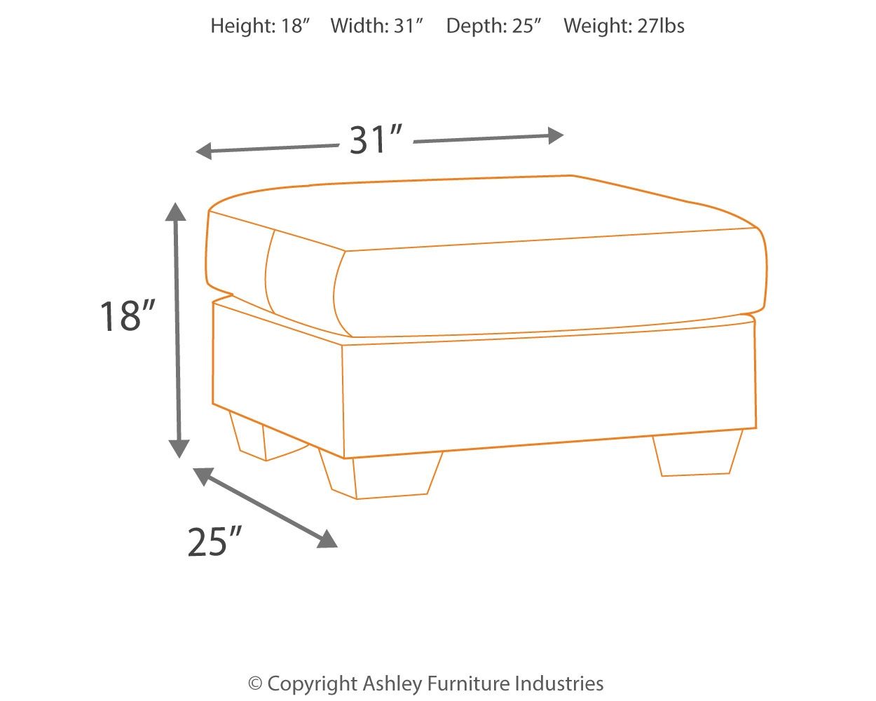 Ottoman sizing diagram with width 31in, height 18in, depth 25in.