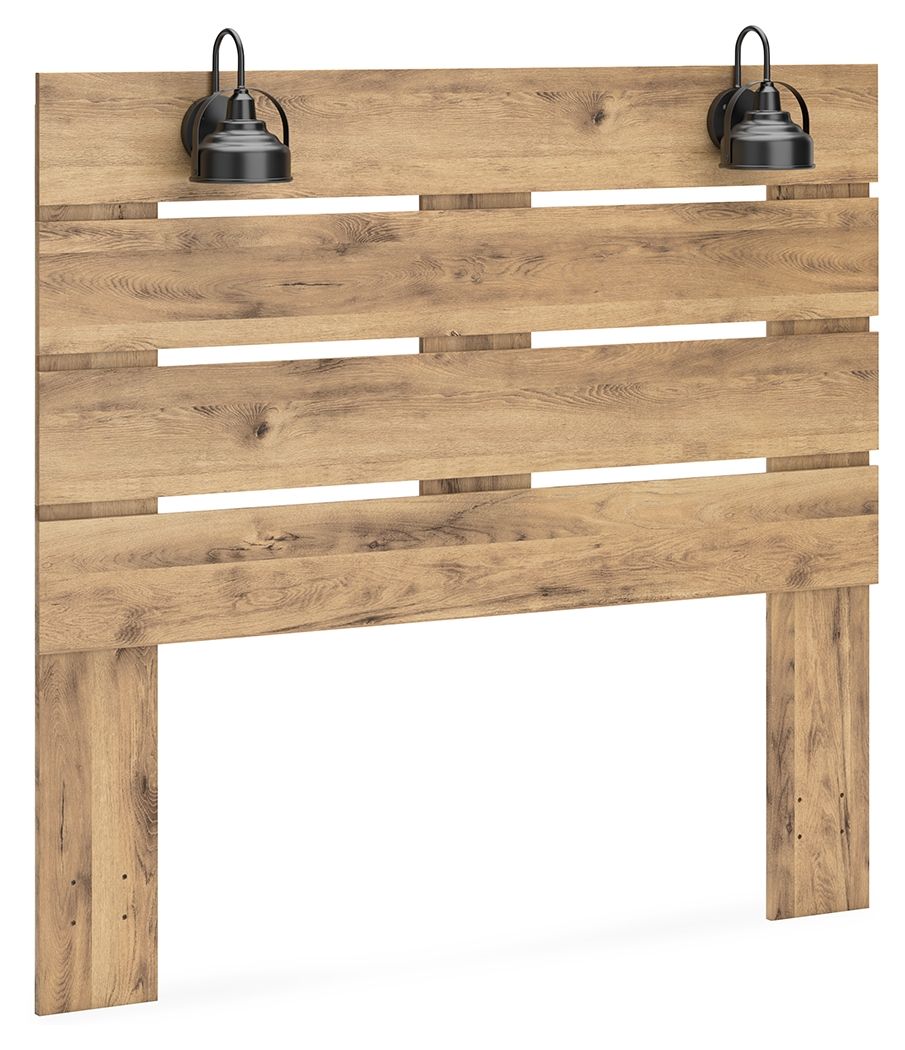 Brown wooden queen panel headboard with two black pendant lights and slat openings
