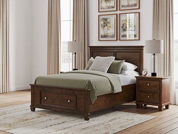 Brown wooden bed footboard with roll slats and storage drawers