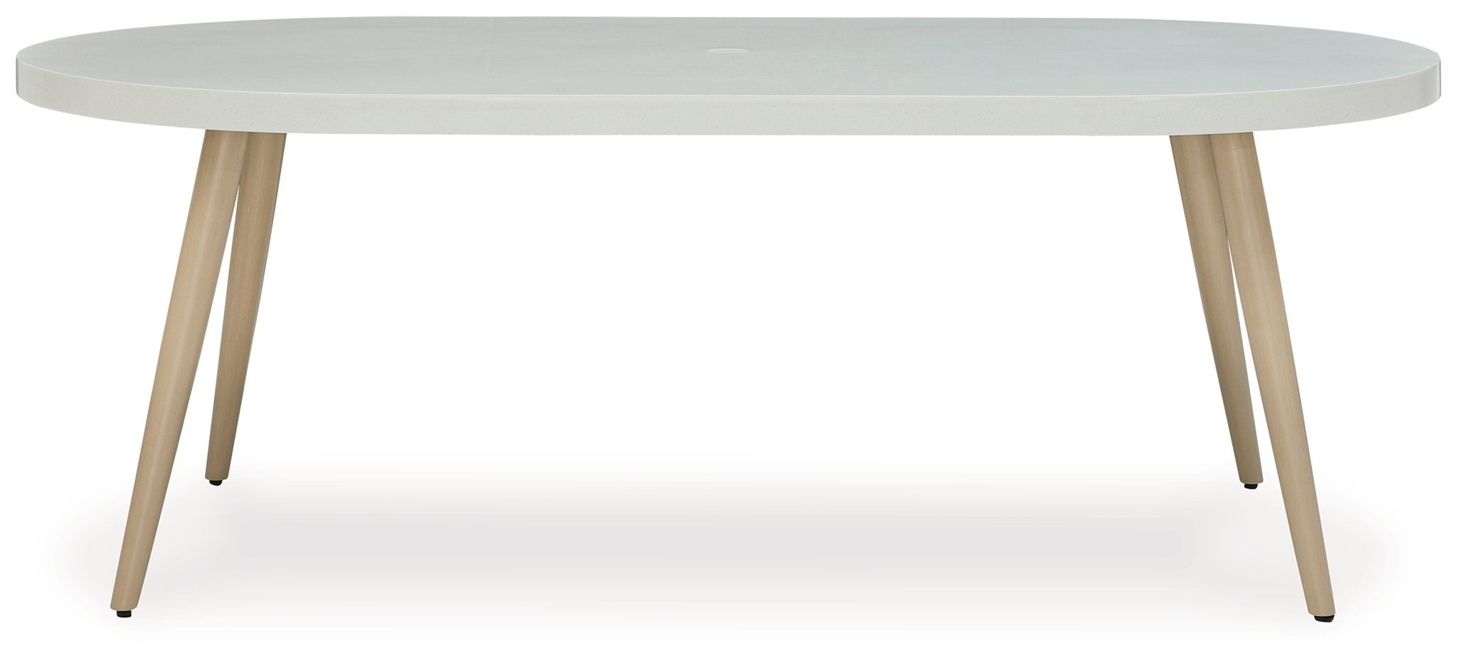 Dining table with light gray round top and light wood legs, side view