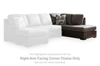 Right-arm facing corner chaise in dark brown fabric with two-tone accent pillows.
