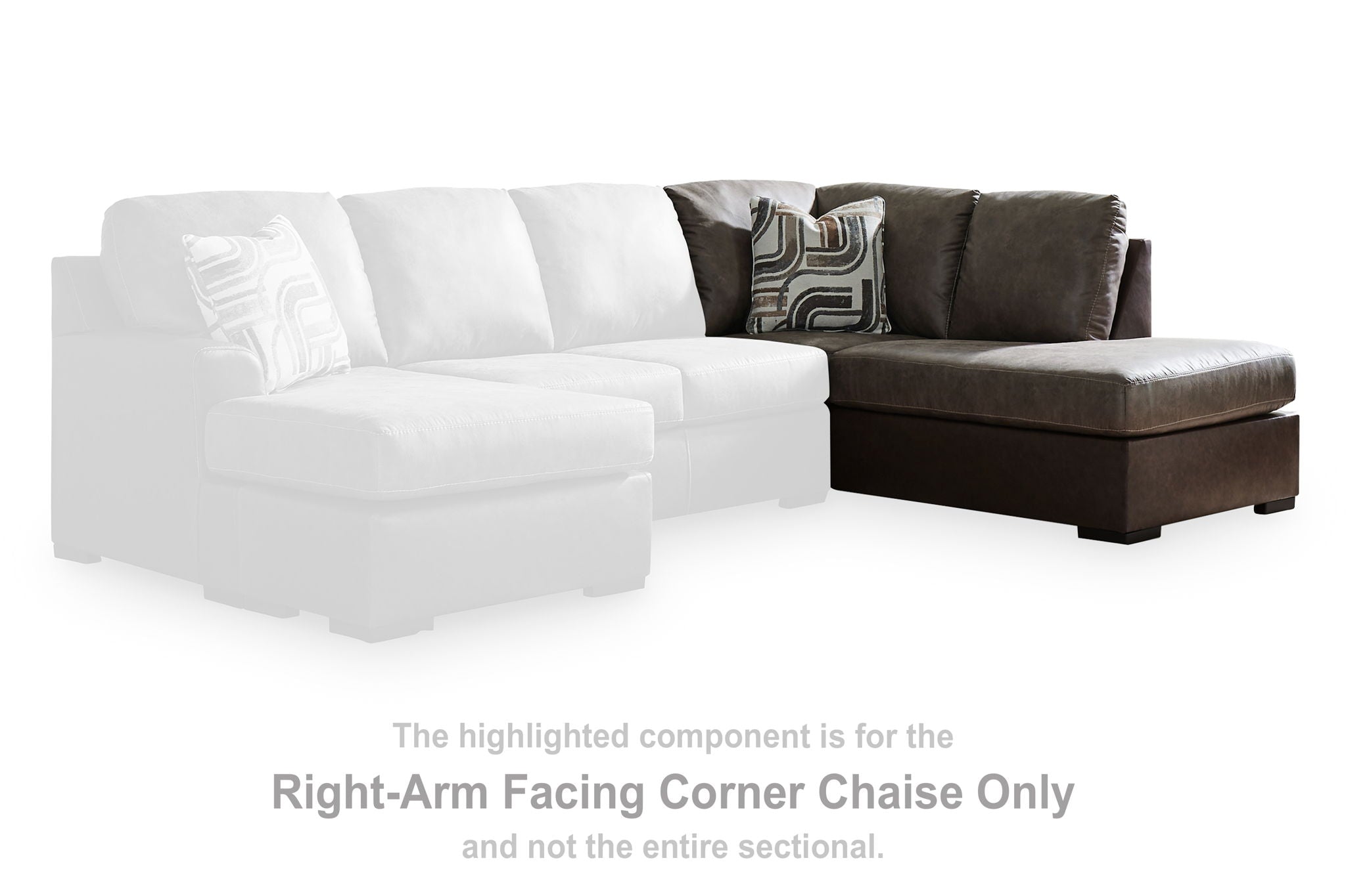 Right-arm facing corner chaise in dark brown fabric with two-tone accent pillows.