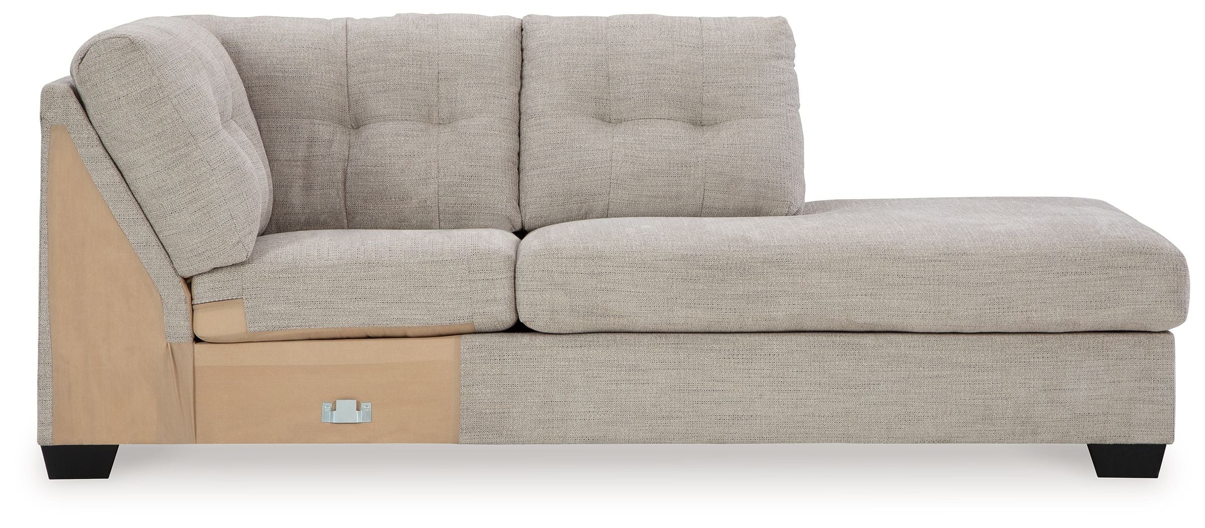 Light gray corner chaise with tufted back, track arms, and dark legs