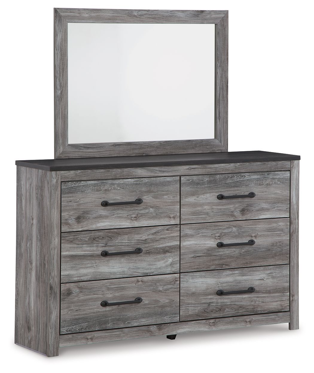 Dark gray dresser with six drawers and a mirror above, metal bar handles