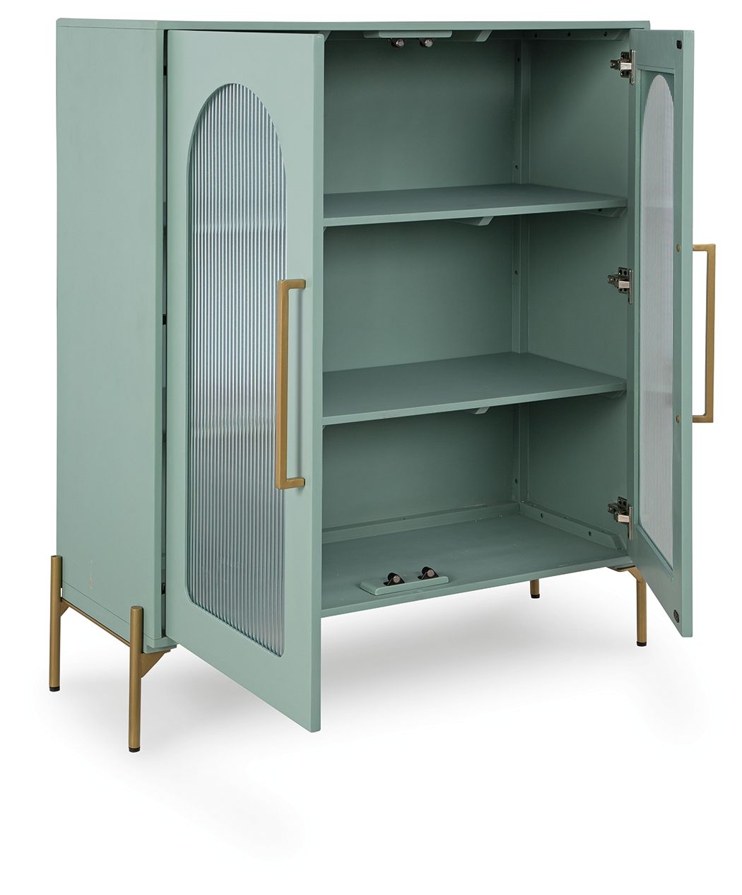 Light green accent cabinet with double doors open, showing three interior shelves