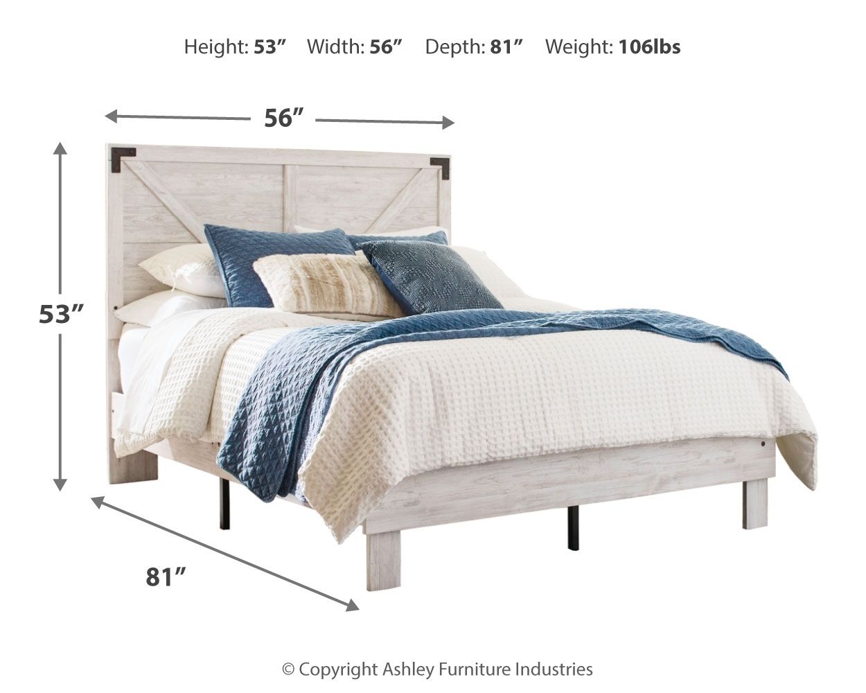 White panel bed with blue throw blanket and pillows, showing overall size