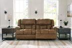 Reclining sofa loveseat with two padded recliner seats, brown upholstery