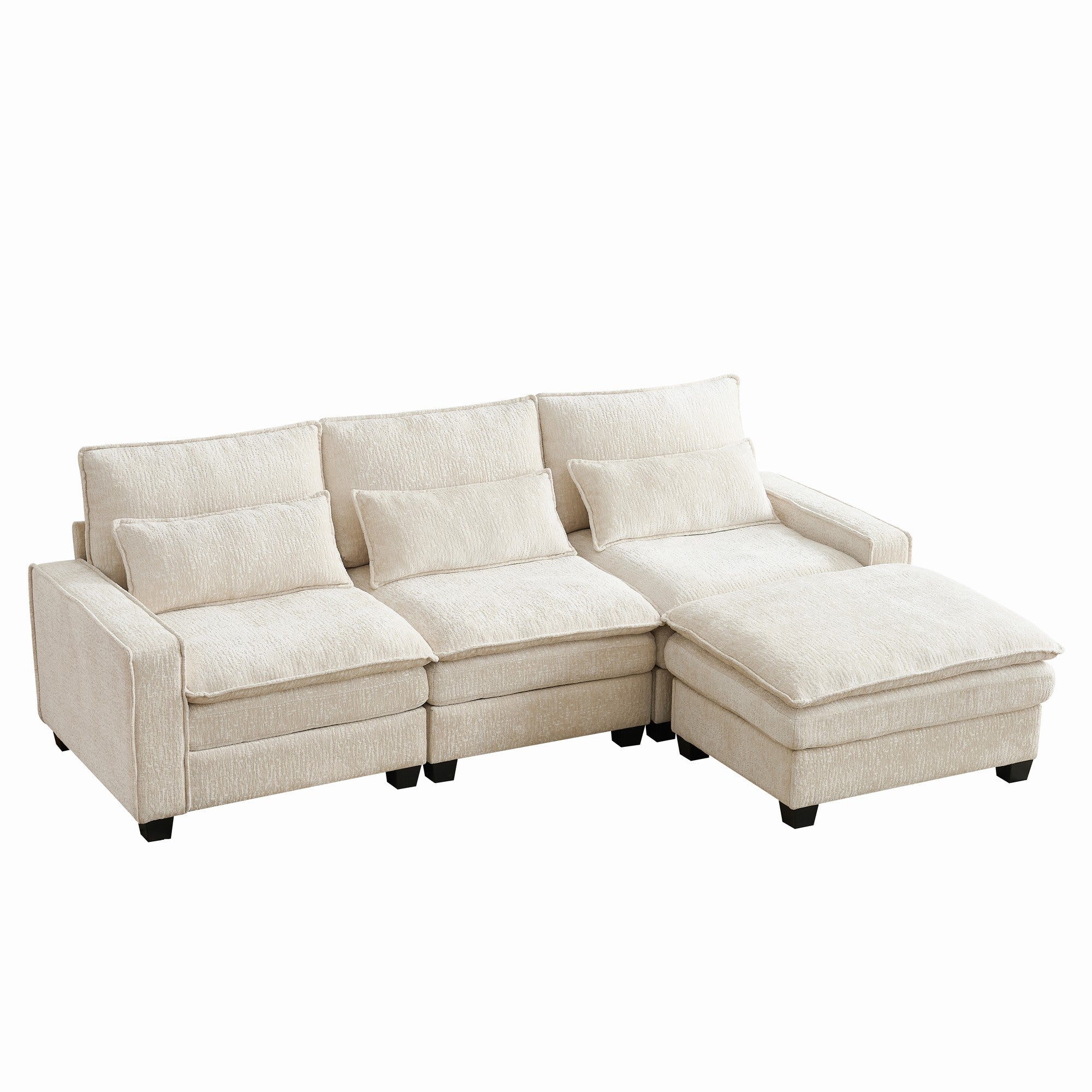 Modern Comfy Beige Chenille L-Shape Sectional Sofa Ottoman