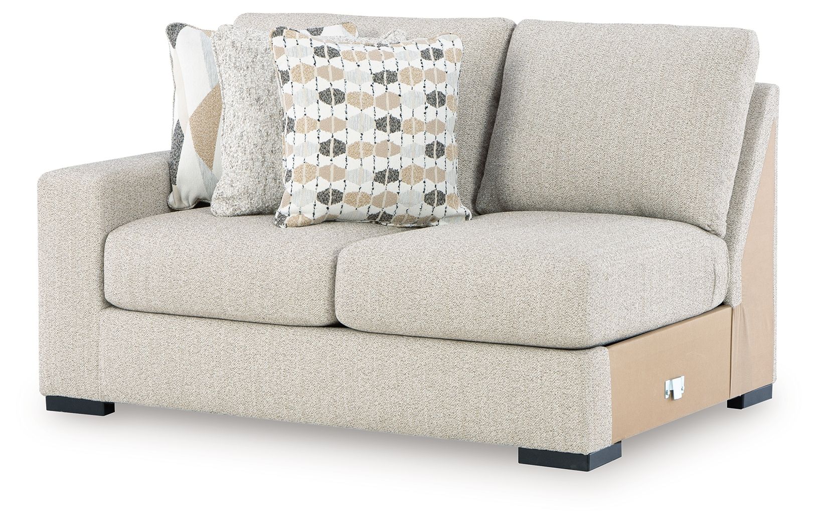 Light beige left-arm loveseat with boxy arms, two cushions, and dark base feet.