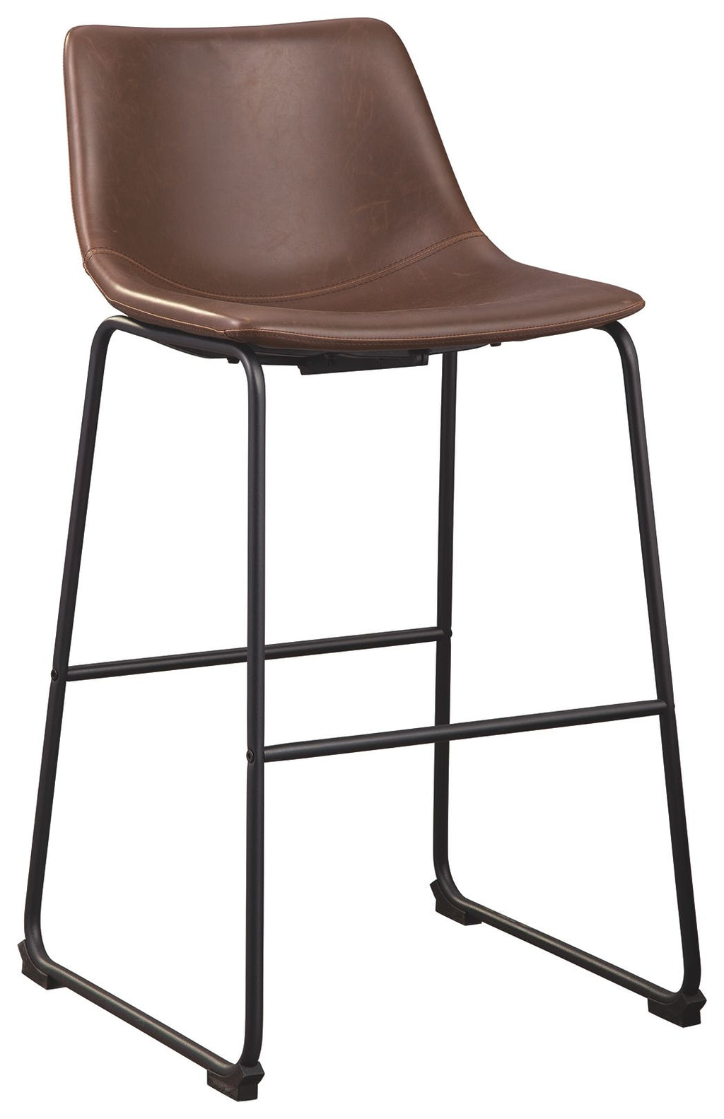 Brown upholstered barstool with curved seat, black metal legs, front three-quarter view