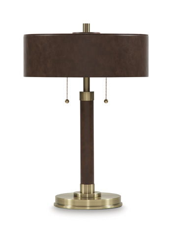 Brown metal table lamp with gold base, linen-style shade, and hanging pull-chain accents
