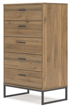 Honey wood five-drawer chest with side panel and dark angled legs