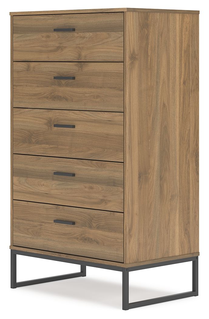 Honey wood five-drawer chest with side panel and dark angled legs