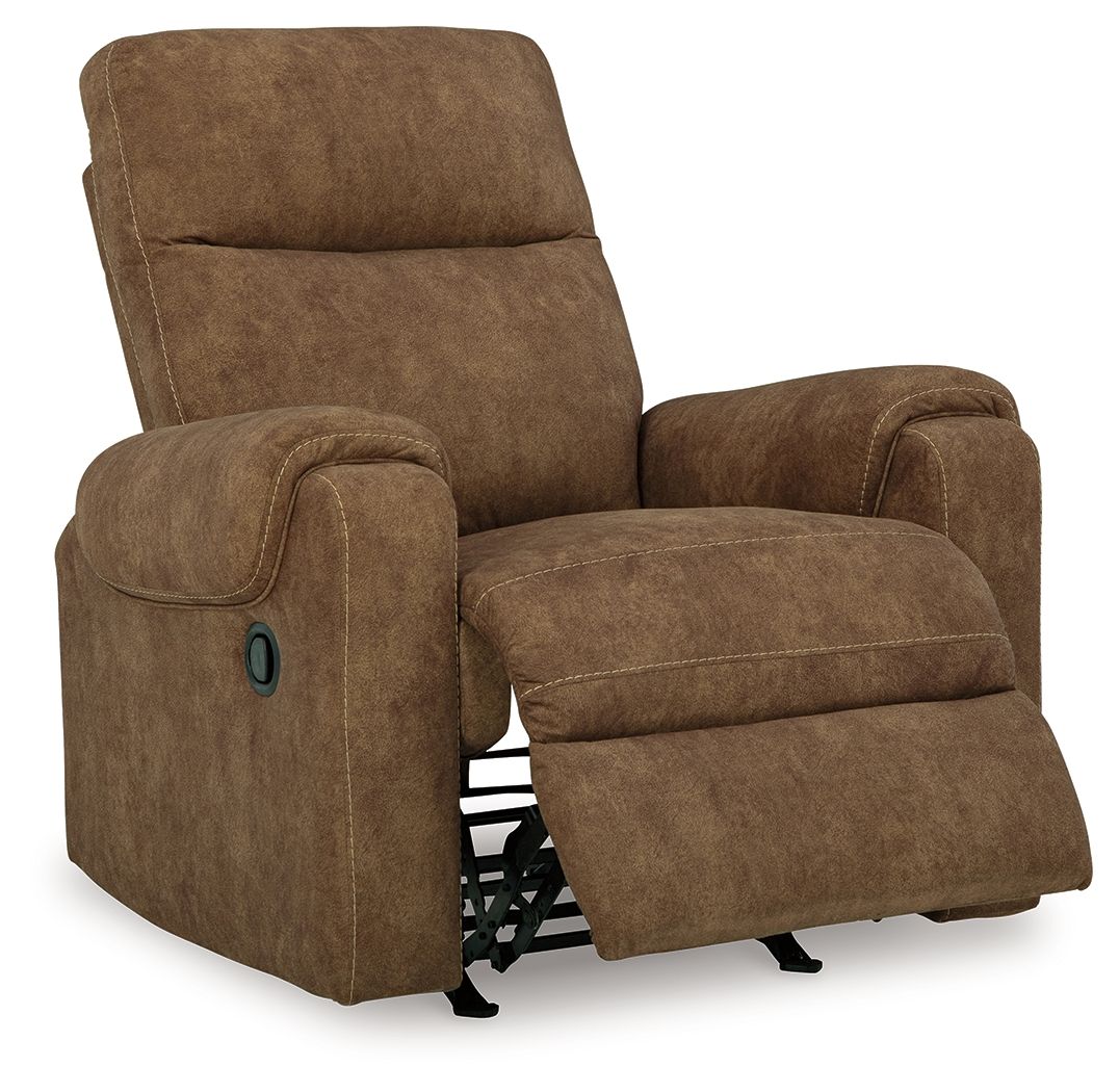 Brindle fabric rocker recliner with extended footrest and oval button detail