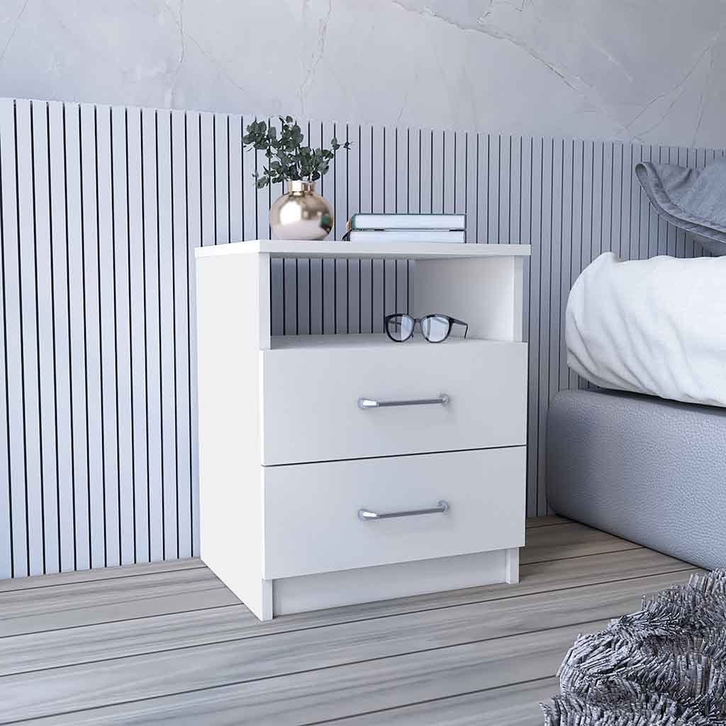 Modern Olienza White Nightstand with 2 Drawers & Shelf